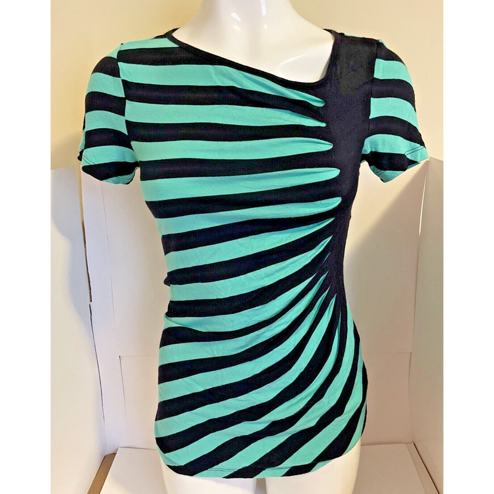 ECI New York Women's Size Small Short Sleeve Striped Green Blue Ruched Top